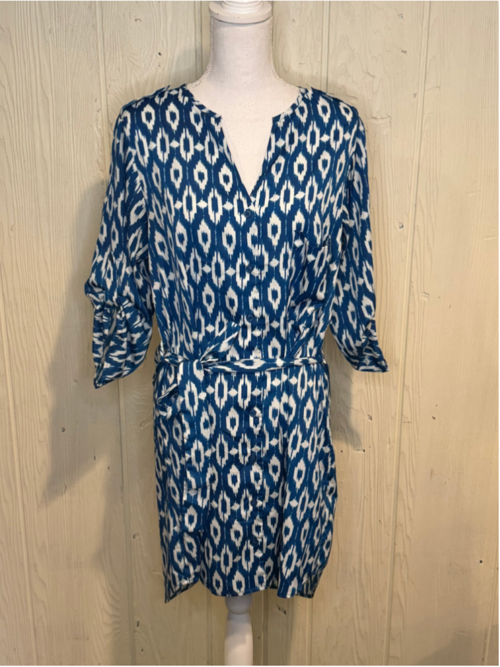 Anthropologie Maeve Blue and White Ikat Print Mini Shirt Dress Size M